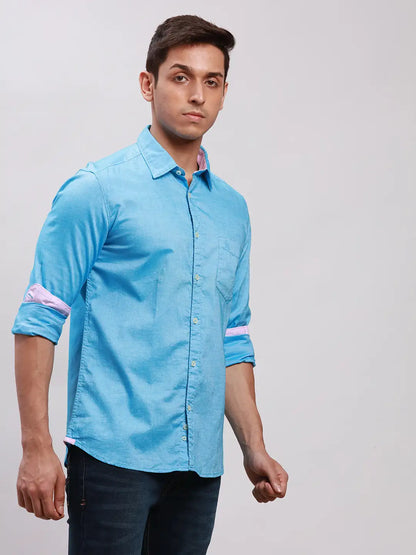 Parx Men Blue Solid Slim Fit Cotton Full Sleeve Cut Away Collar Shirt