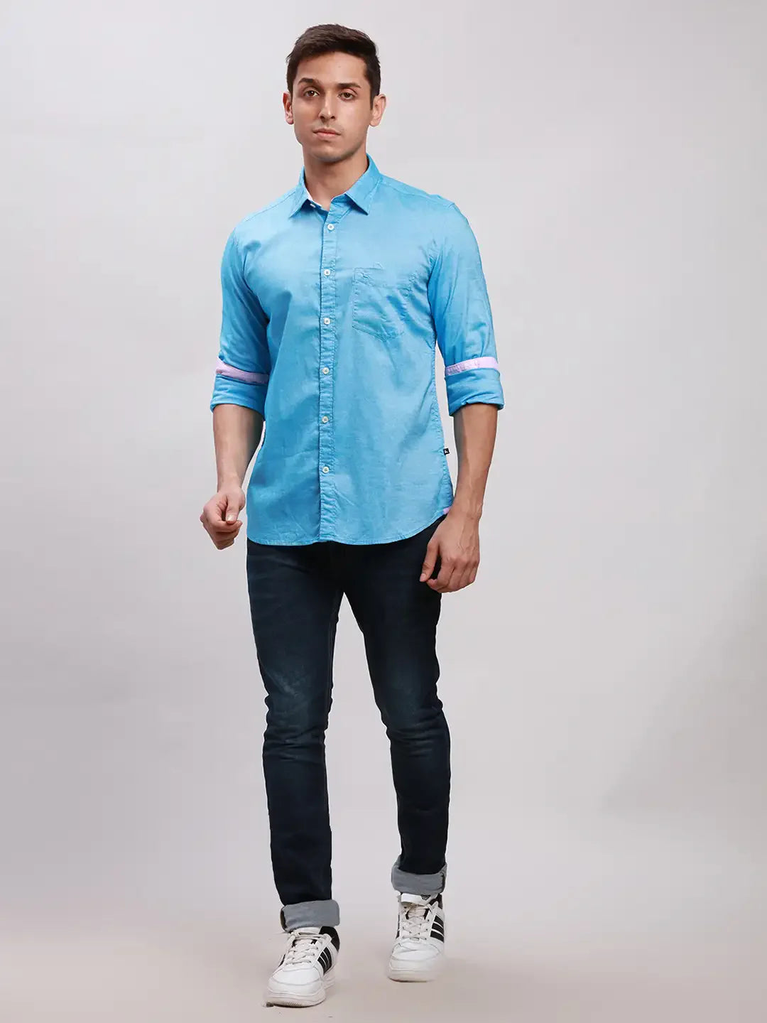 Parx Men Blue Solid Slim Fit Cotton Full Sleeve Cut Away Collar Shirt