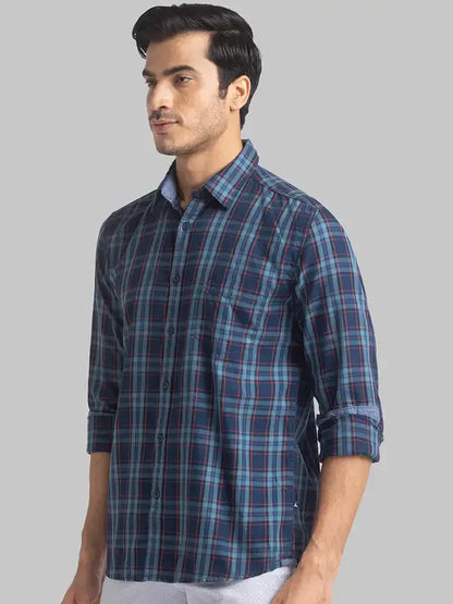 Men Blue Slim Fit Checks Cotton Full Sleeve Shirts
