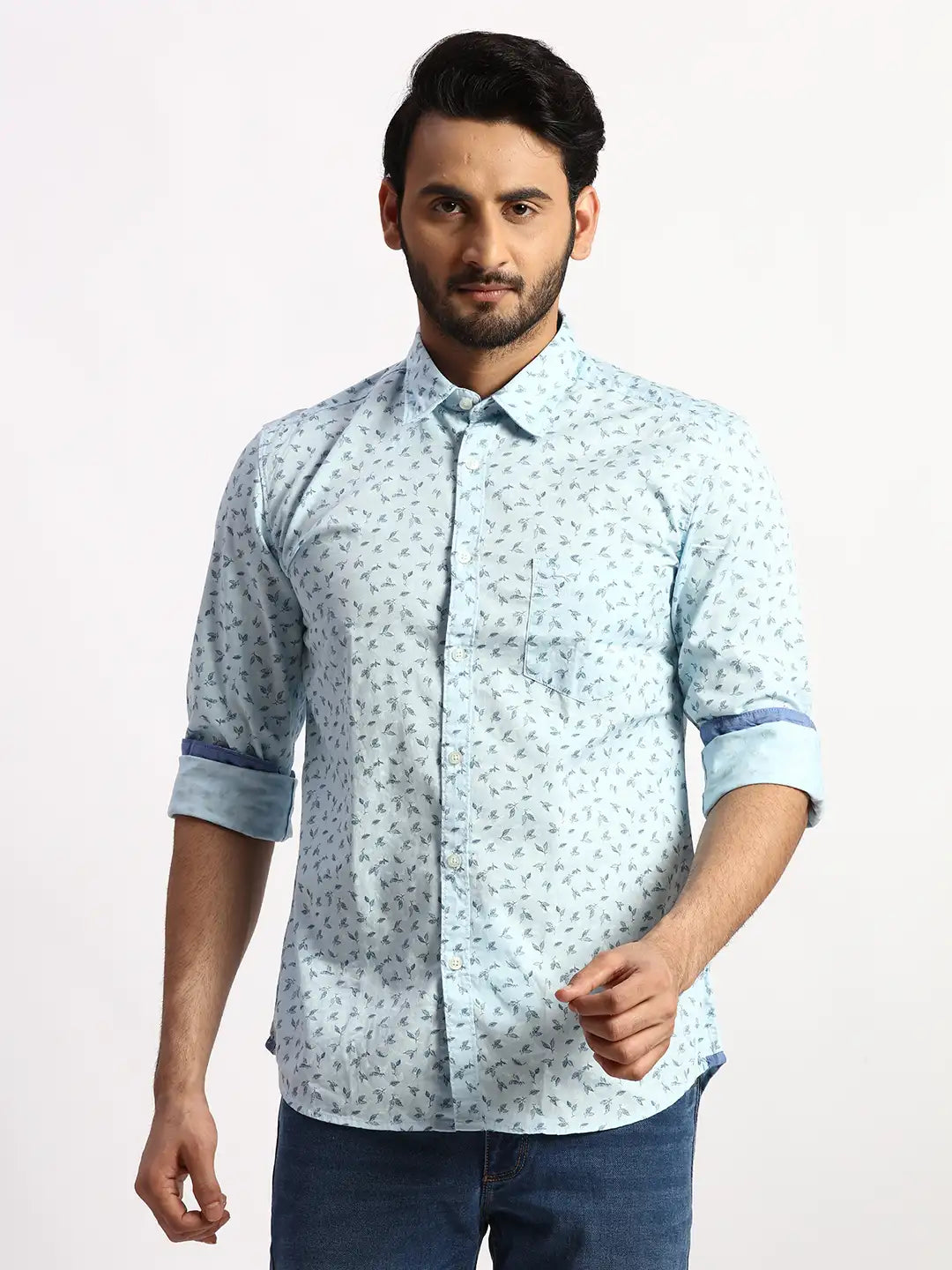 Men Blue Slim Fit Print Cotton Full Sleeve Cut Away Collar Shirts