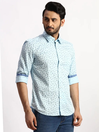 Men Blue Slim Fit Print Cotton Full Sleeve Cut Away Collar Shirts