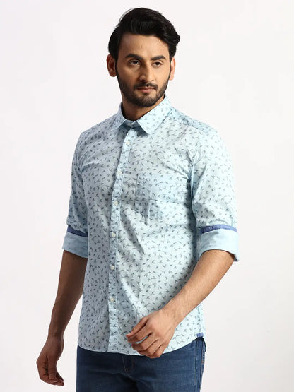 Men Blue Slim Fit Print Cotton Full Sleeve Cut Away Collar Shirts