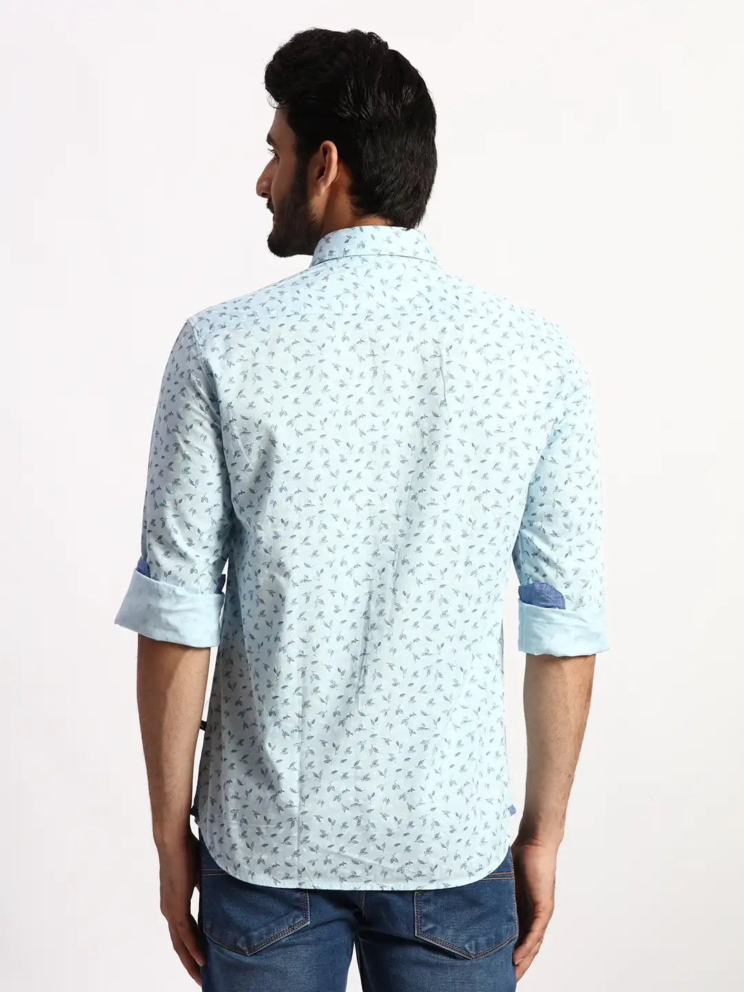 Men Blue Slim Fit Print Cotton Full Sleeve Cut Away Collar Shirts