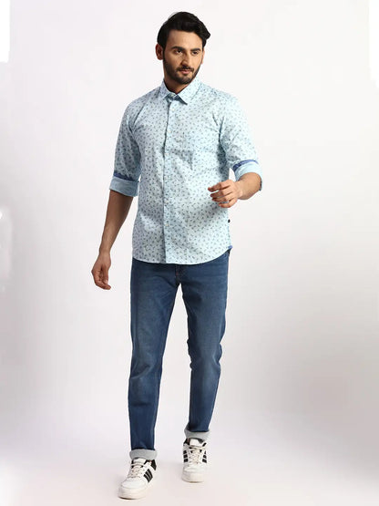 Men Blue Slim Fit Print Cotton Full Sleeve Cut Away Collar Shirts