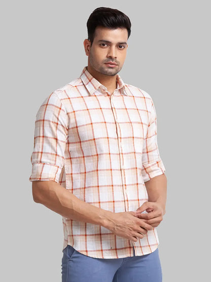 Men Brown Slim Fit Checks Linen Cotton Blend Full Sleeve Shirts