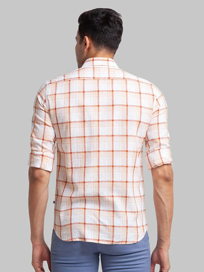 Men Brown Slim Fit Checks Linen Cotton Blend Full Sleeve Shirts