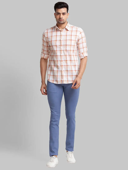 Men Brown Slim Fit Checks Linen Cotton Blend Full Sleeve Shirts