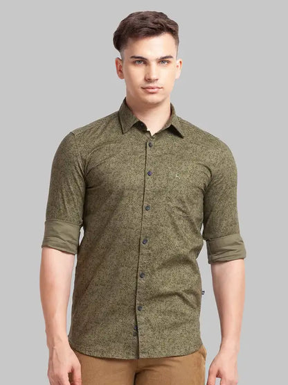 Men Green Slim Fit Print Cotton Full Sleeve Shirts