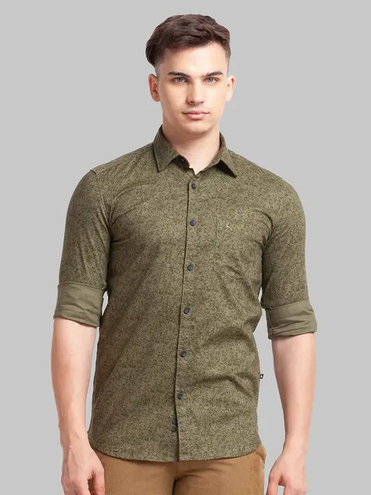 Men Green Slim Fit Print Cotton Full Sleeve Shirts