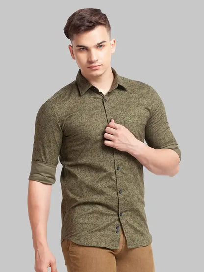 Men Green Slim Fit Print Cotton Full Sleeve Shirts