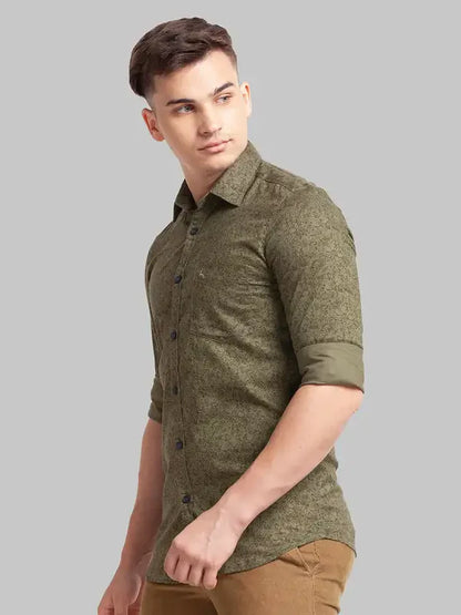 Men Green Slim Fit Print Cotton Full Sleeve Shirts