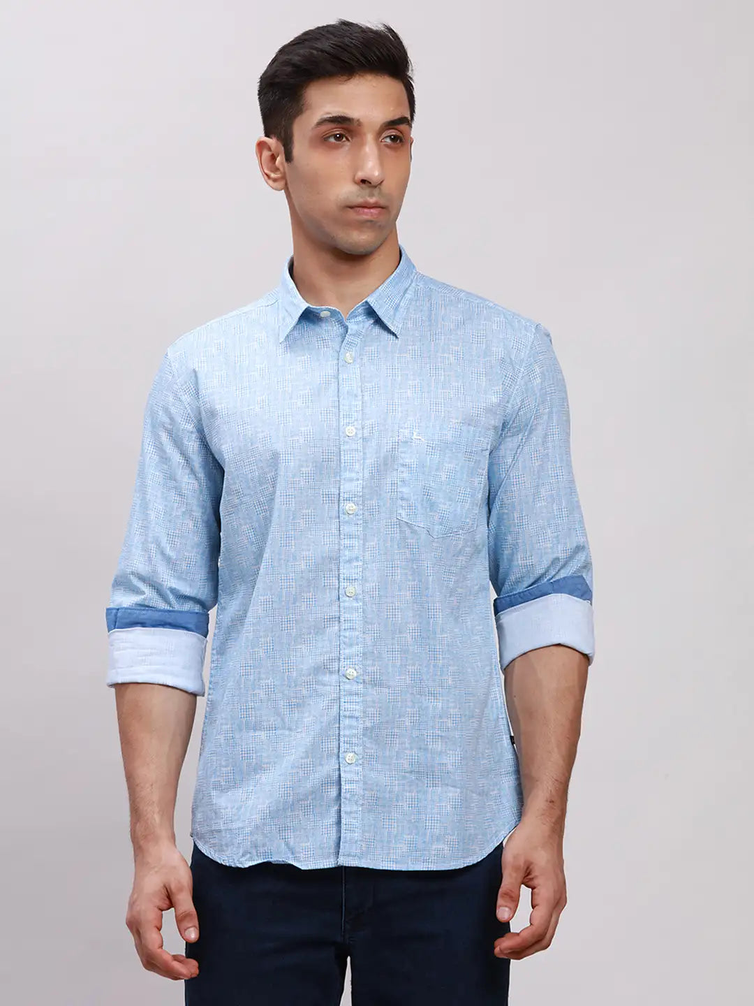 Parx Men Blue Printed Slim Fit Cotton Full Sleeve Cut Away Collar Shirt