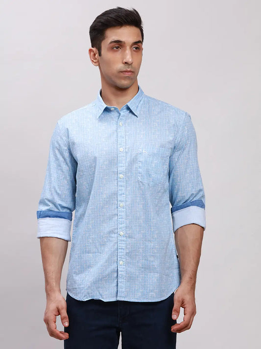 Parx Men Blue Printed Slim Fit Cotton Full Sleeve Cut Away Collar Shirt