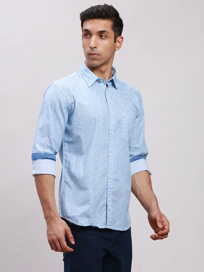 Parx Men Blue Printed Slim Fit Cotton Full Sleeve Cut Away Collar Shirt