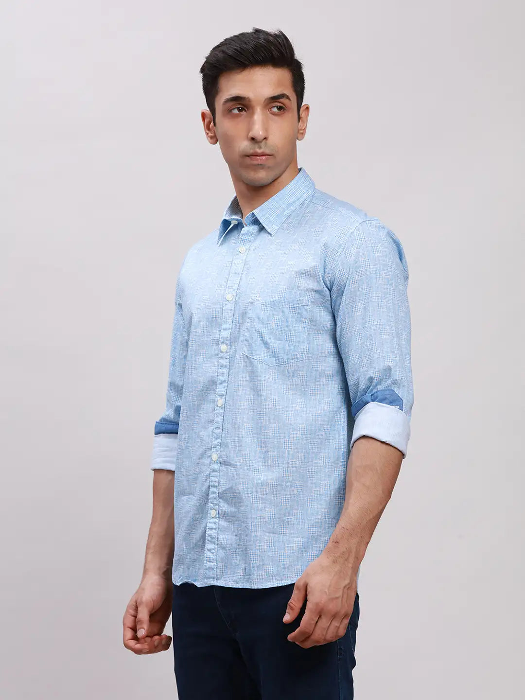 Parx Men Blue Printed Slim Fit Cotton Full Sleeve Cut Away Collar Shirt