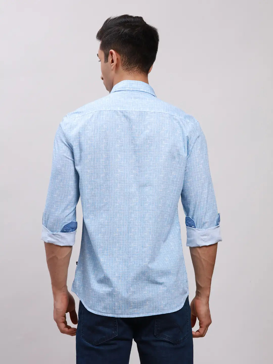Parx Men Blue Printed Slim Fit Cotton Full Sleeve Cut Away Collar Shirt
