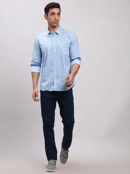 Parx Men Blue Printed Slim Fit Cotton Full Sleeve Cut Away Collar Shirt