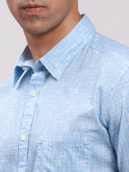 Parx Men Blue Printed Slim Fit Cotton Full Sleeve Cut Away Collar Shirt
