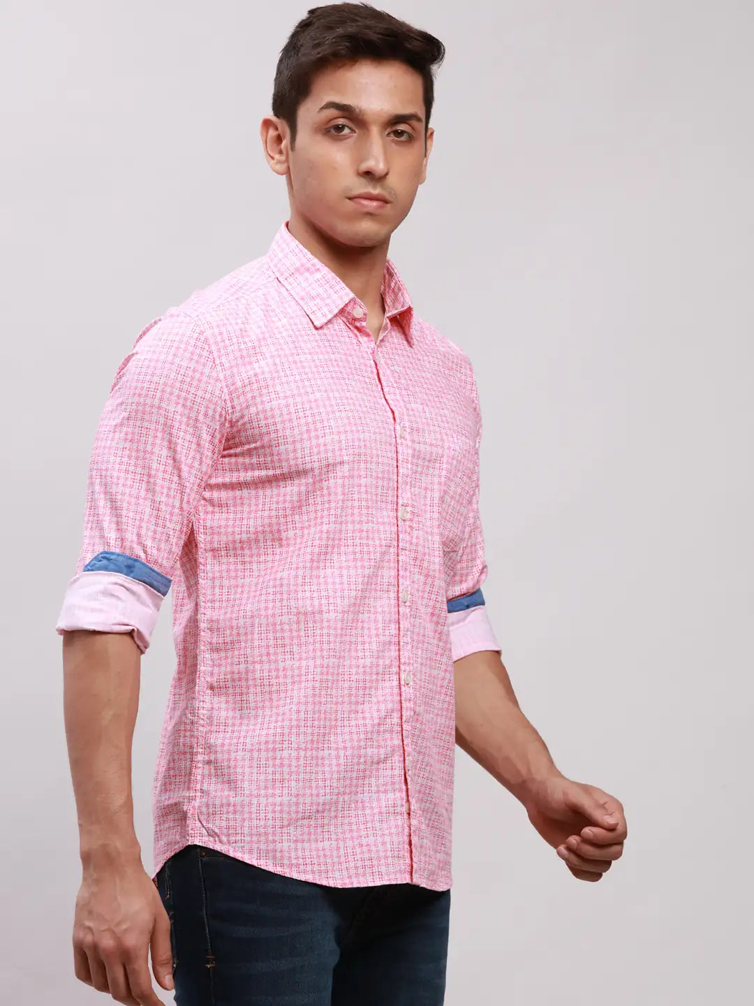 Men Red Slim Fit Print Cotton Full Sleeve Cut Away Collar Shirts
