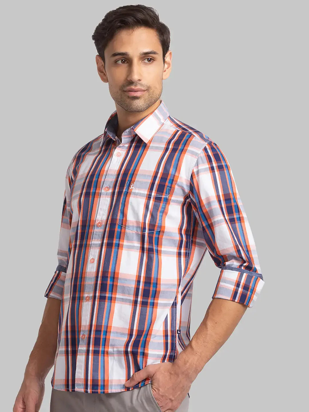 Parx Men Orange Checks Slim Fit Cotton Full Sleeve Shirts