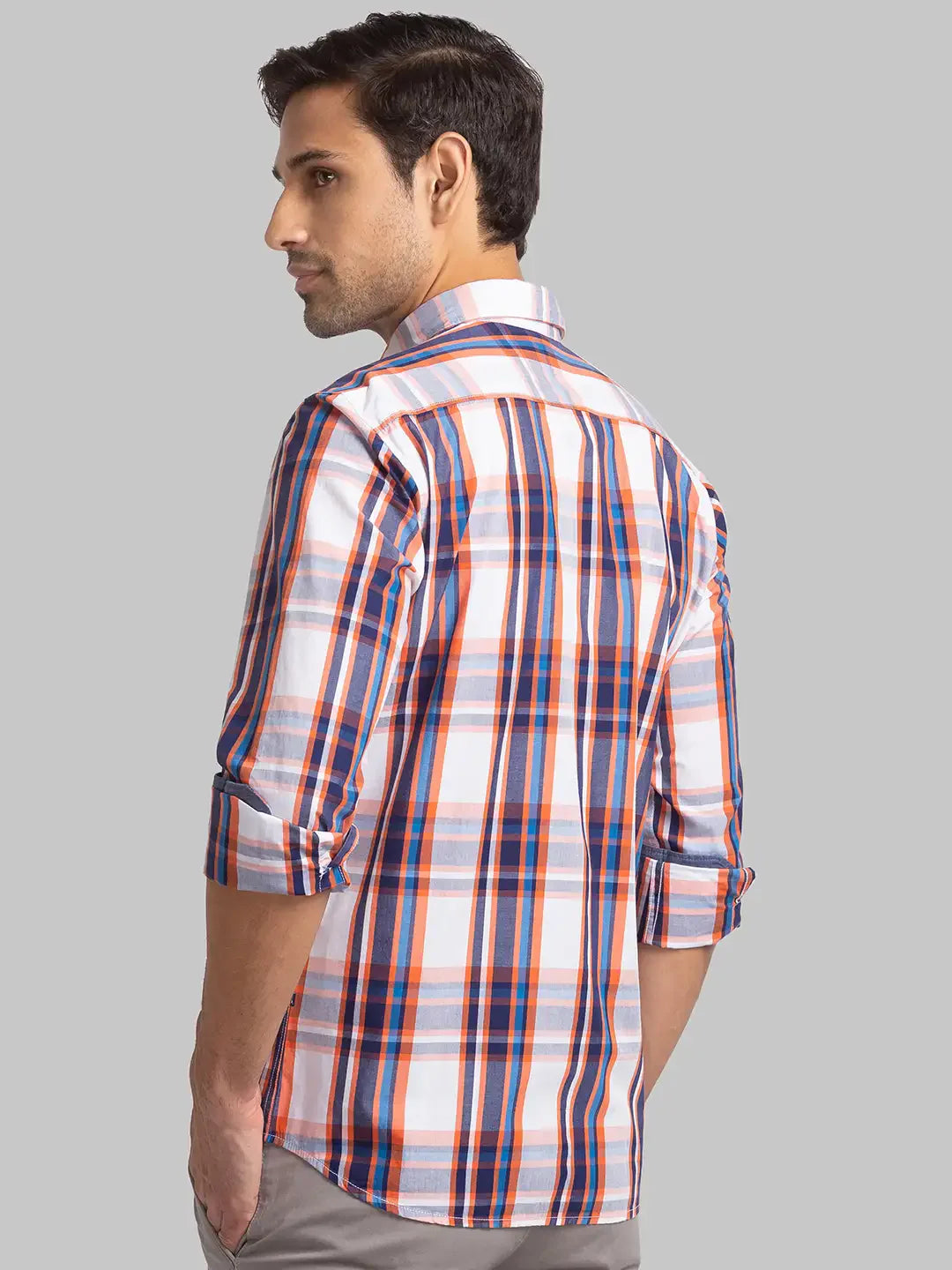 Parx Men Orange Checks Slim Fit Cotton Full Sleeve Shirts