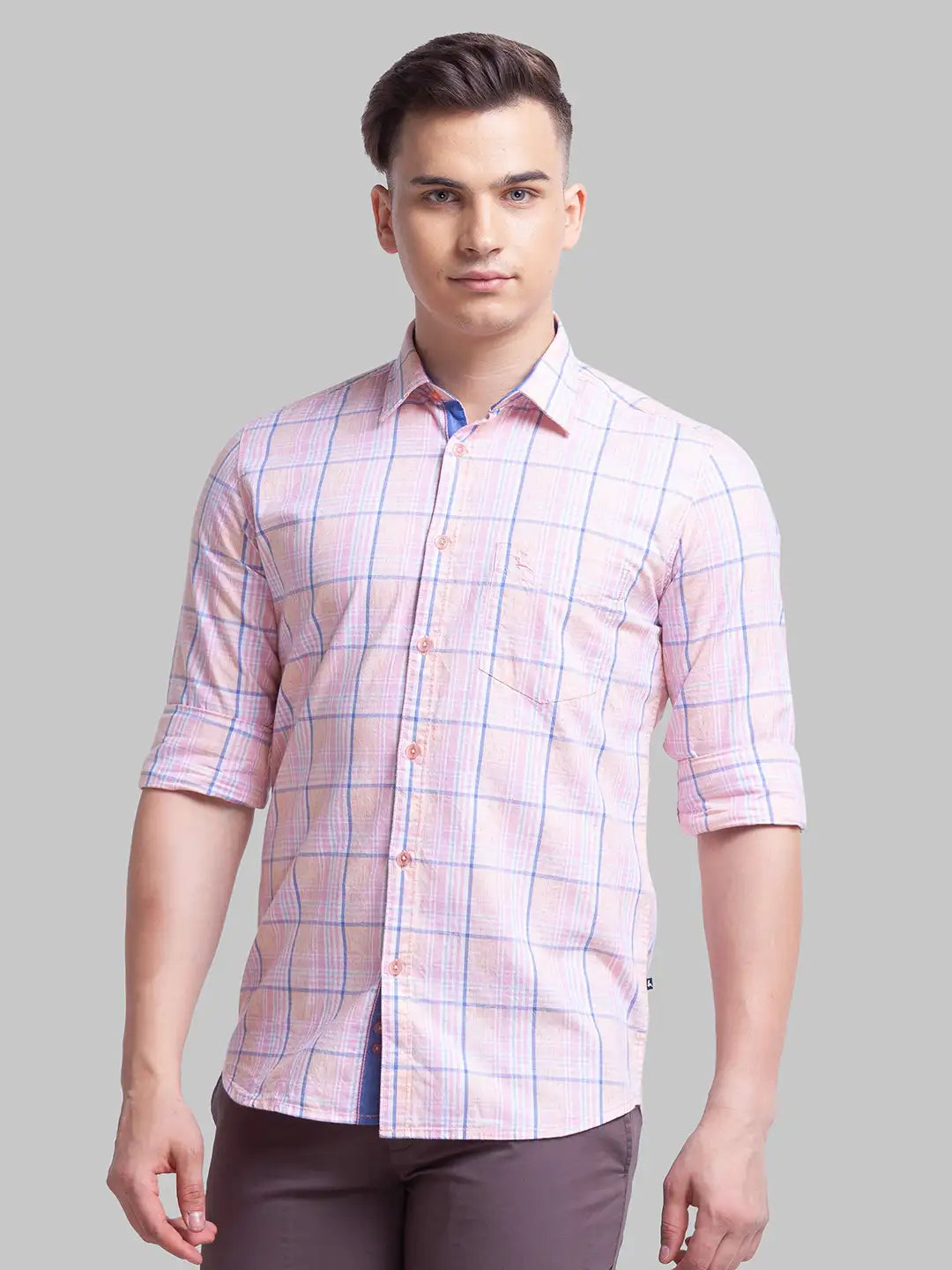Parx Men Orange Checks Slim Fit Cotton Blend Full Sleeve Shirts