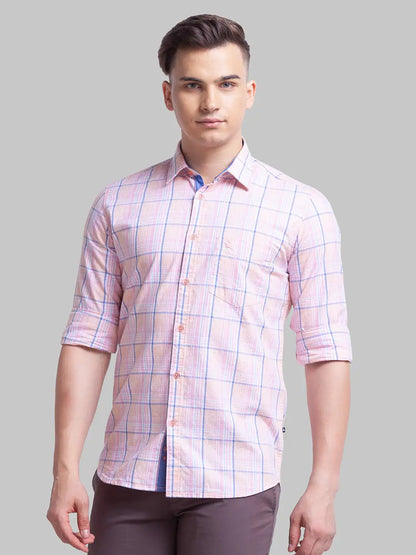 Parx Men Orange Checks Slim Fit Cotton Blend Full Sleeve Shirts