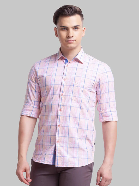 Parx Men Orange Checks Slim Fit Cotton Blend Full Sleeve Shirts