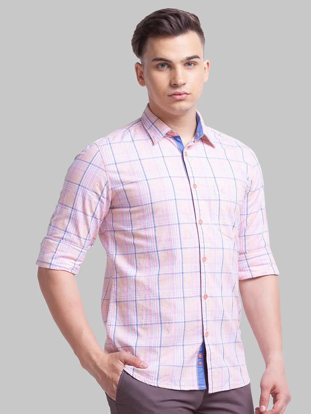 Parx Men Orange Checks Slim Fit Cotton Blend Full Sleeve Shirts