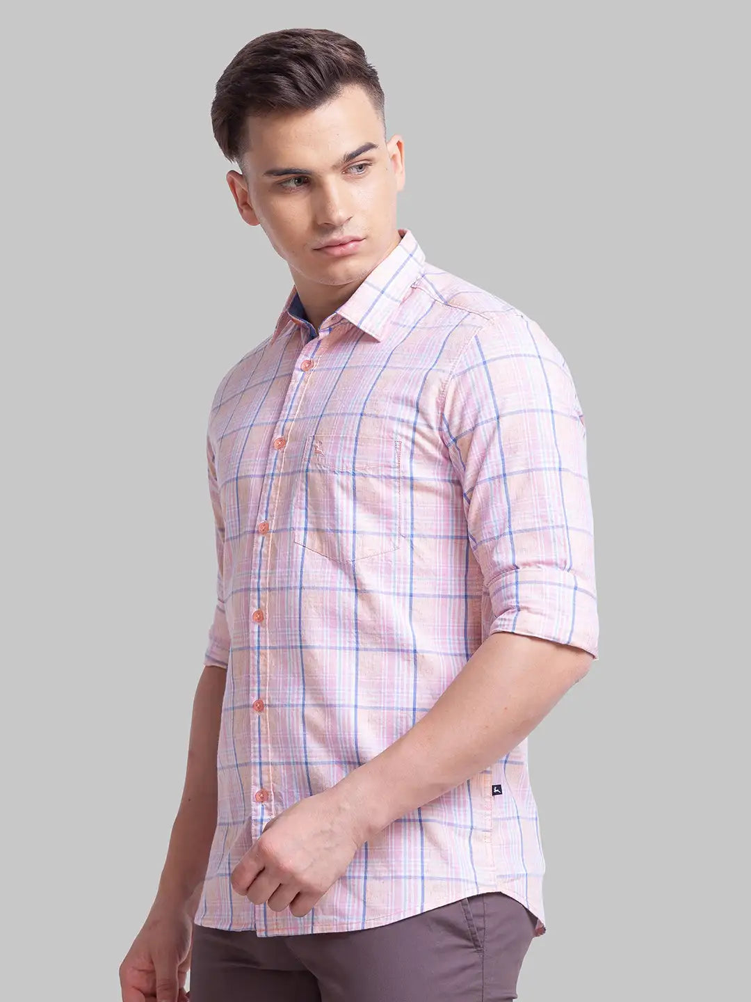 Parx Men Orange Checks Slim Fit Cotton Blend Full Sleeve Shirts