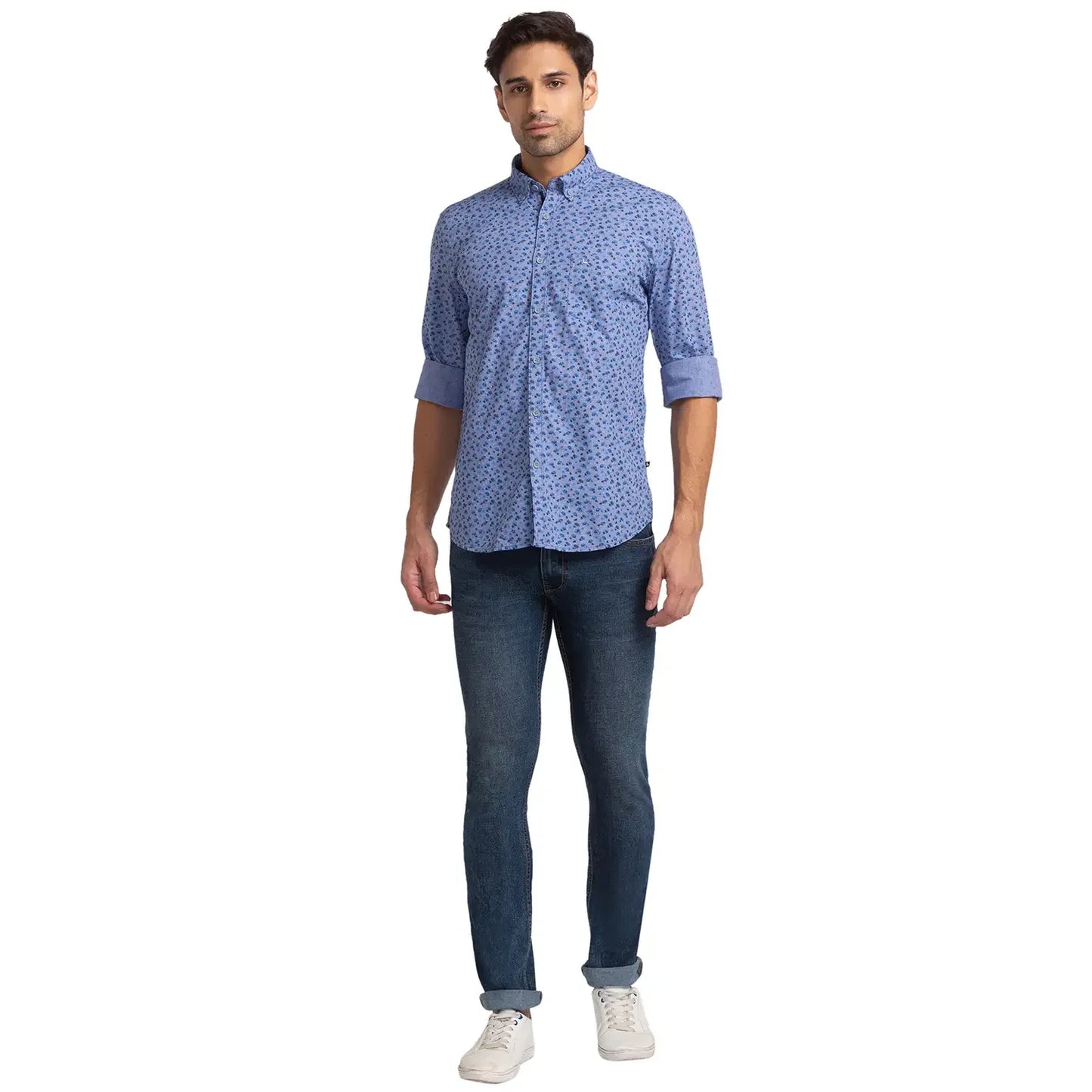 Men Blue Slim Fit Print Cotton Full Sleeve Shirts