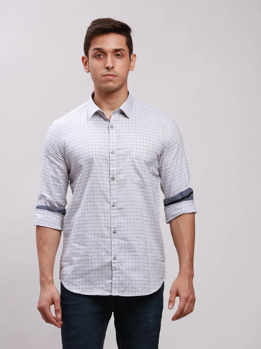 Men Grey Slim Fit Checks Cotton Full Sleeve Cut Away Collar Shirts
