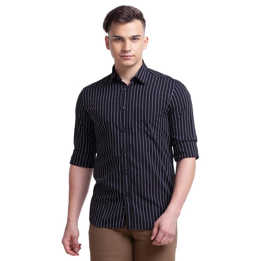 Men Black Slim Fit Stripe Polyester Blend Full Sleeve Shirts