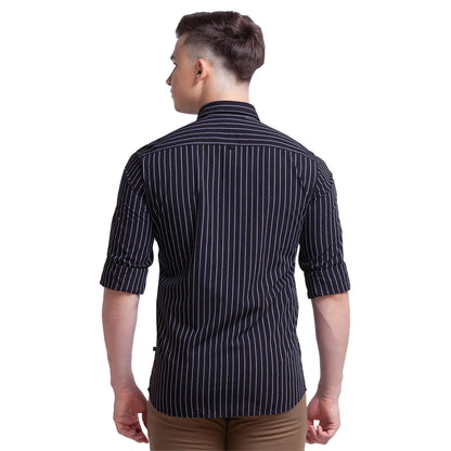 Men Black Slim Fit Stripe Polyester Blend Full Sleeve Shirts