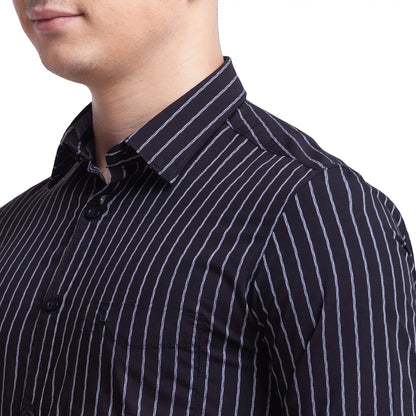 Men Black Slim Fit Stripe Polyester Blend Full Sleeve Shirts
