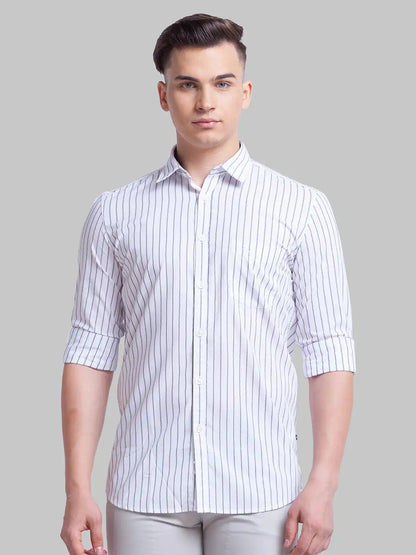 Men White Slim Fit Stripe Polyester Blend Full Sleeve Shirts
