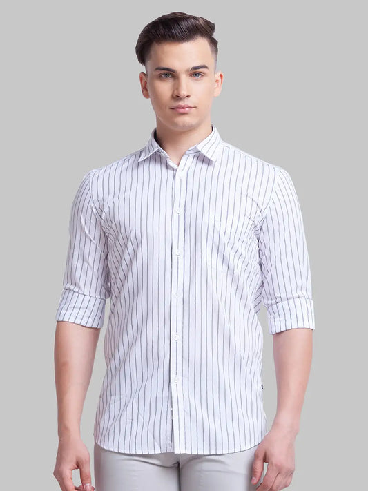 Men White Slim Fit Stripe Polyester Blend Full Sleeve Shirts