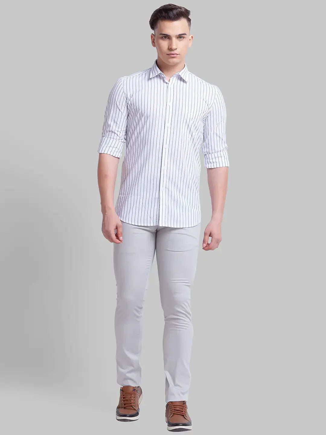 Men White Slim Fit Stripe Polyester Blend Full Sleeve Shirts