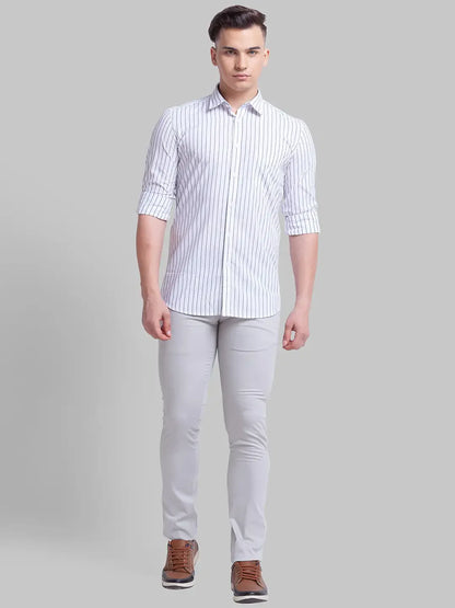 Men White Slim Fit Stripe Polyester Blend Full Sleeve Shirts
