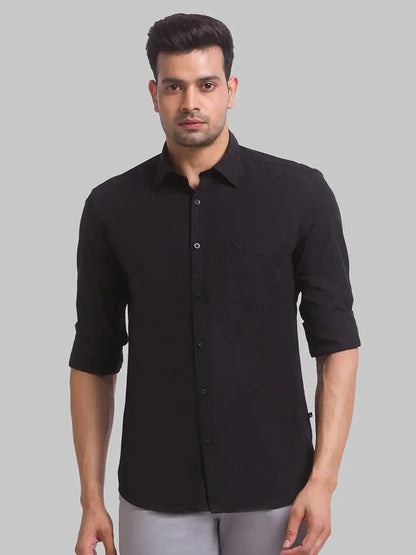 Men Black Slim Fit Solid Polyester Blend Full Sleeve Shirts