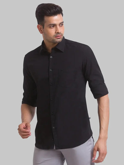 Men Black Slim Fit Solid Polyester Blend Full Sleeve Shirts