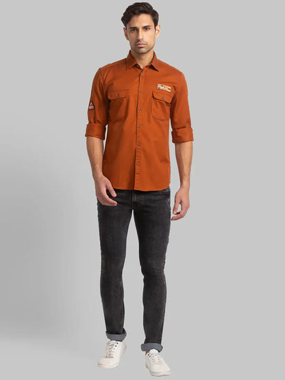 Men Brown Slim Fit Solid Cotton Full Sleeve Shirts