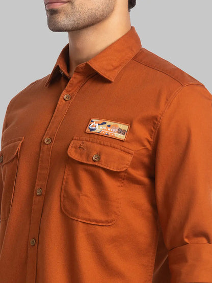 Men Brown Slim Fit Solid Cotton Full Sleeve Shirts