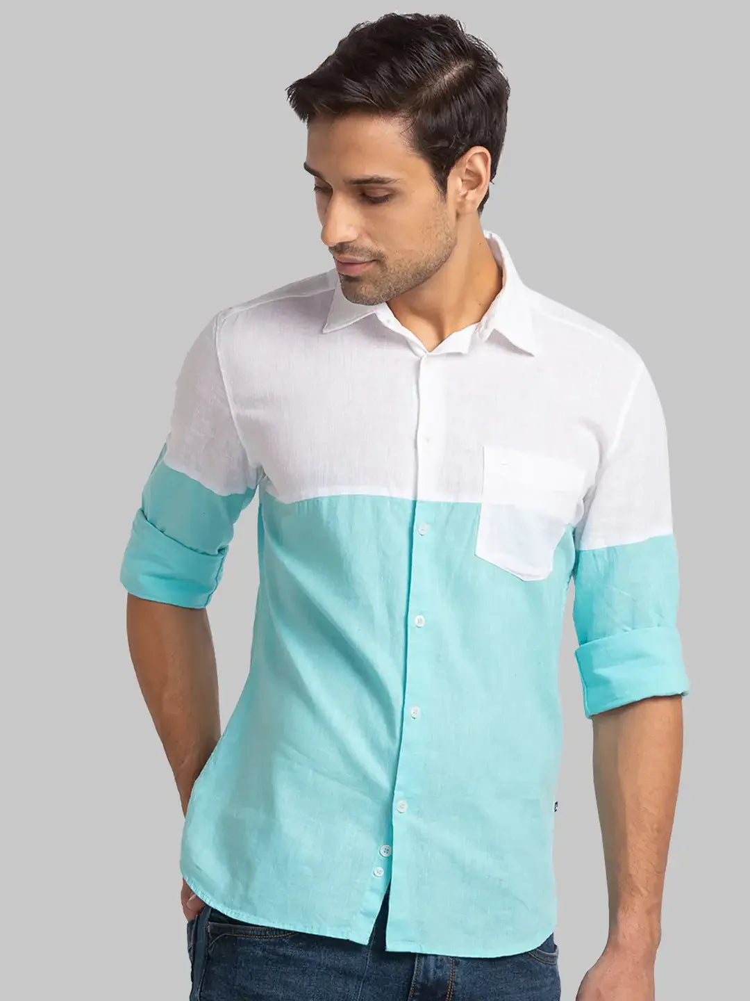 Men Blue Slim Fit Solid Cotton Blend Full Sleeve Shirts