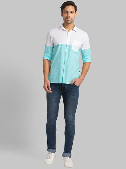Men Blue Slim Fit Solid Cotton Blend Full Sleeve Shirts