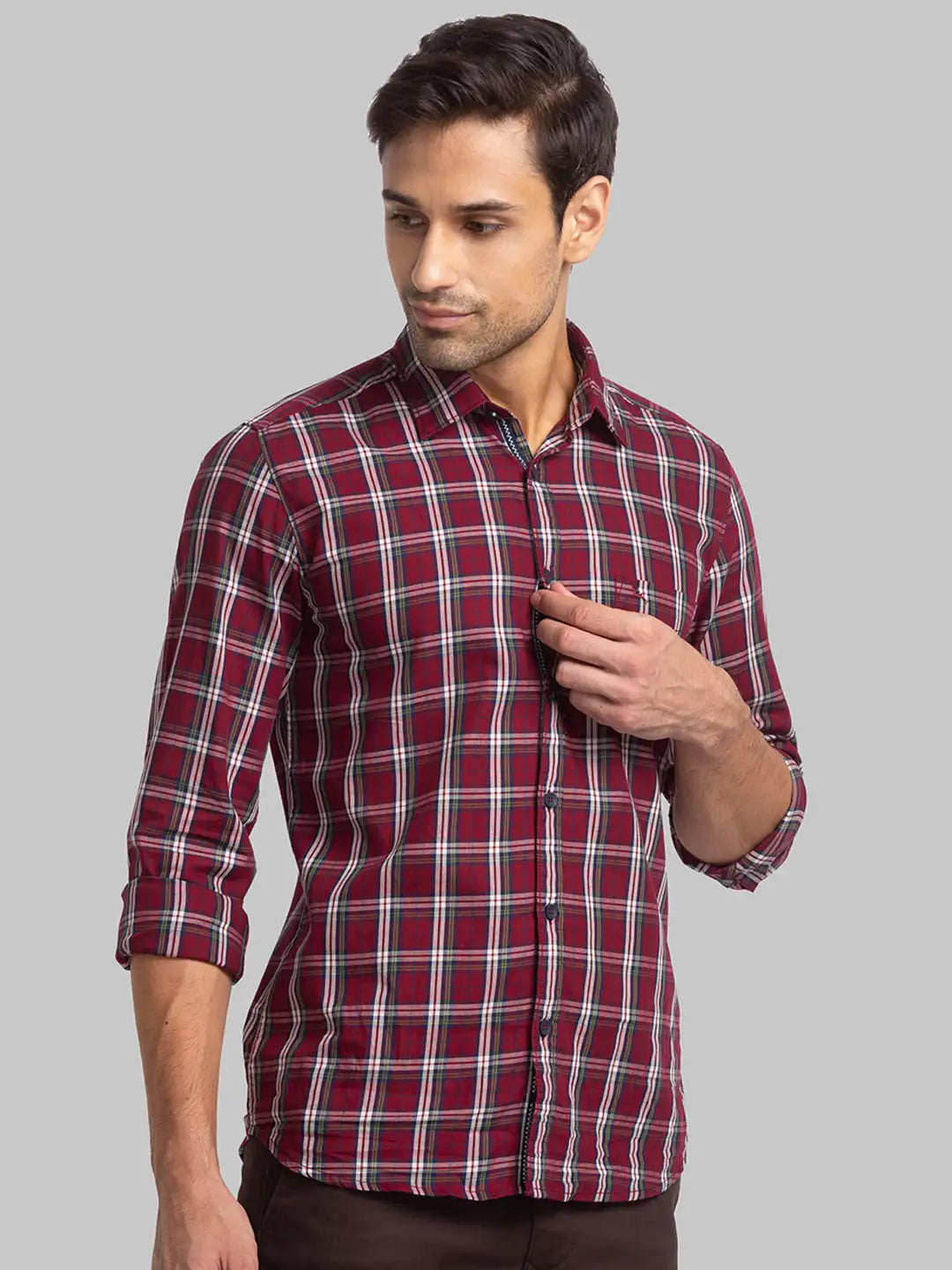 Men Red Slim Fit Checks Cotton Full Sleeve Shirts