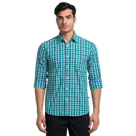 Men Green Slim Fit Checks Cotton Full Sleeve Shirts