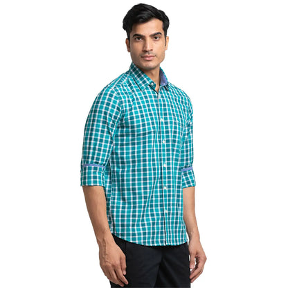 Men Green Slim Fit Checks Cotton Full Sleeve Shirts