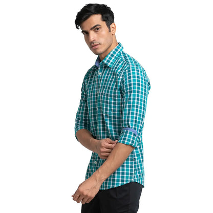 Men Green Slim Fit Checks Cotton Full Sleeve Shirts