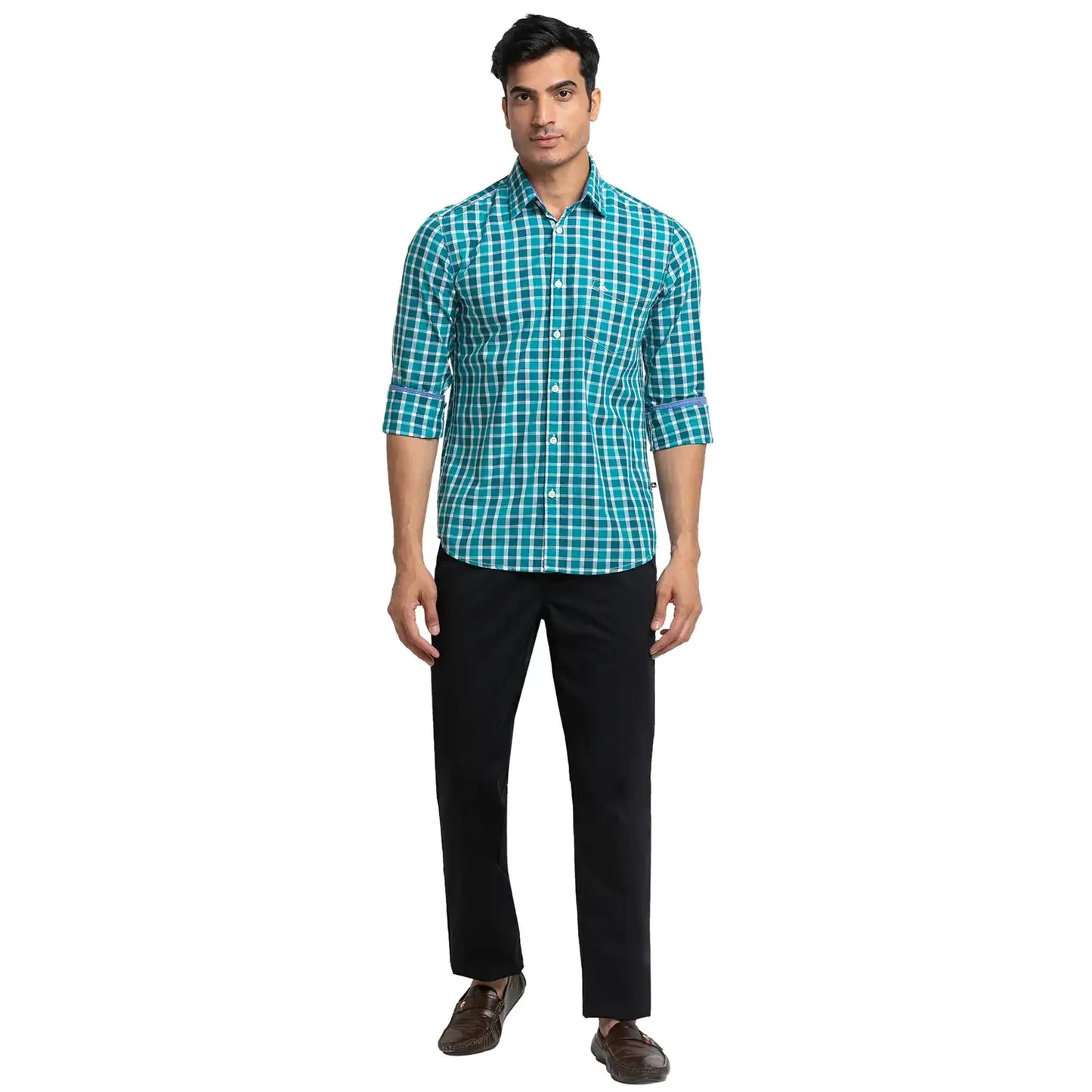 Men Green Slim Fit Checks Cotton Full Sleeve Shirts